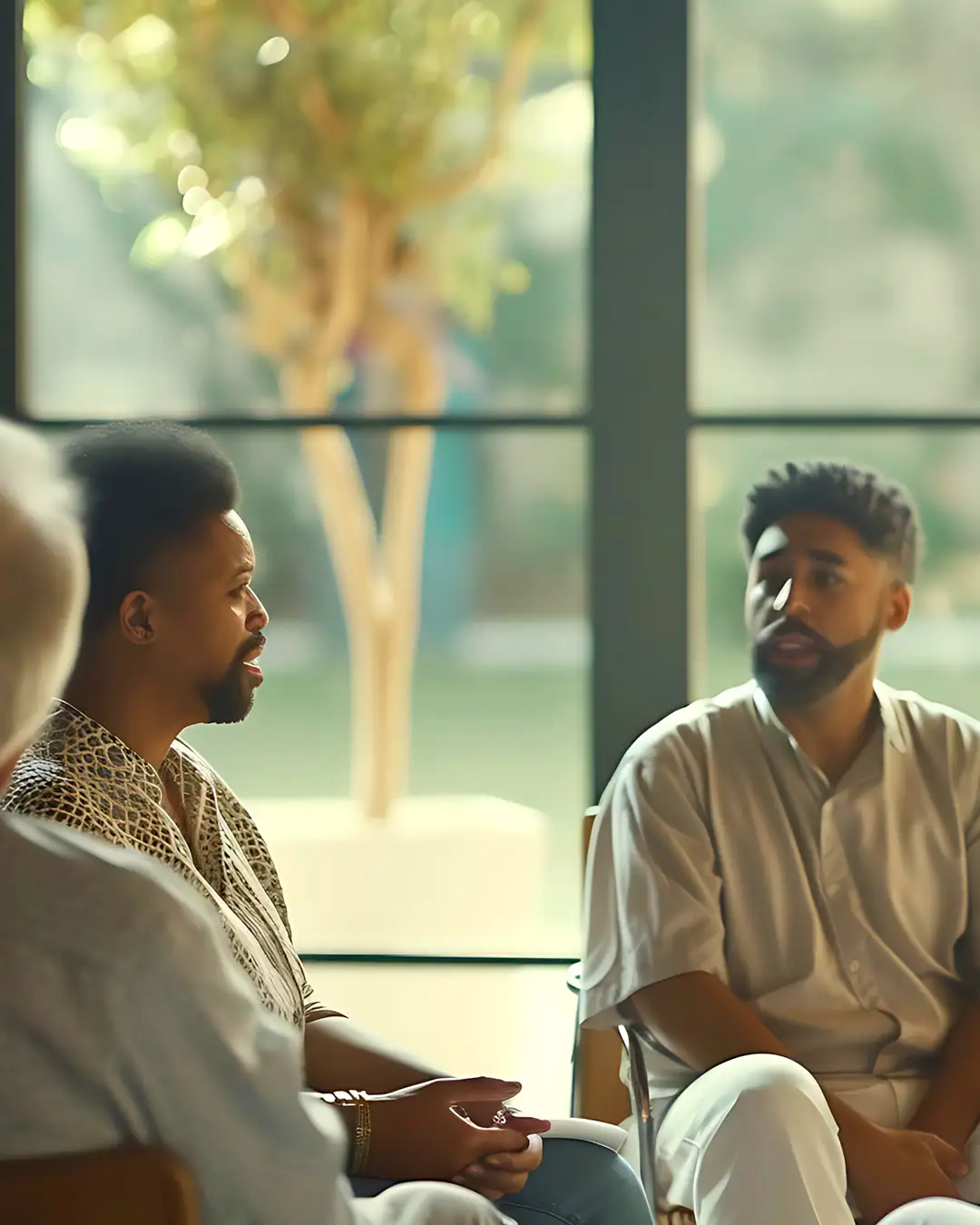 People in a natural, candid conversation, sitting close together, engaged and listening,